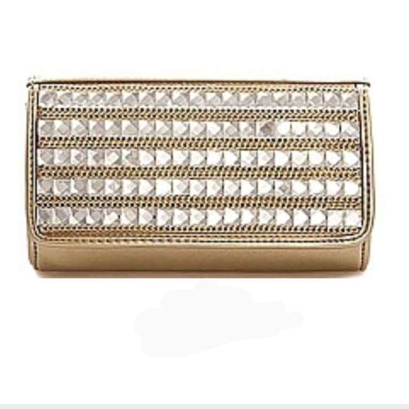 Rhinestone Front Closing Clutch Purse with Chain, Pale Gold. - Picture 1 of 9